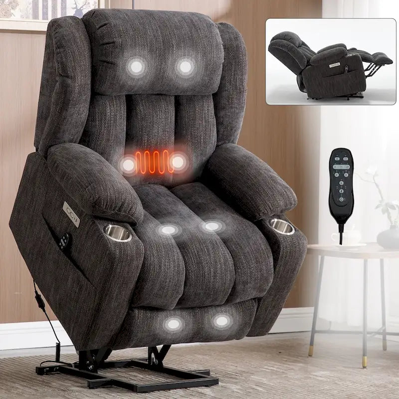 Chenille Power Lift Recliner Chair 8-Point Massage Lumbar Heat USB Cup Holders