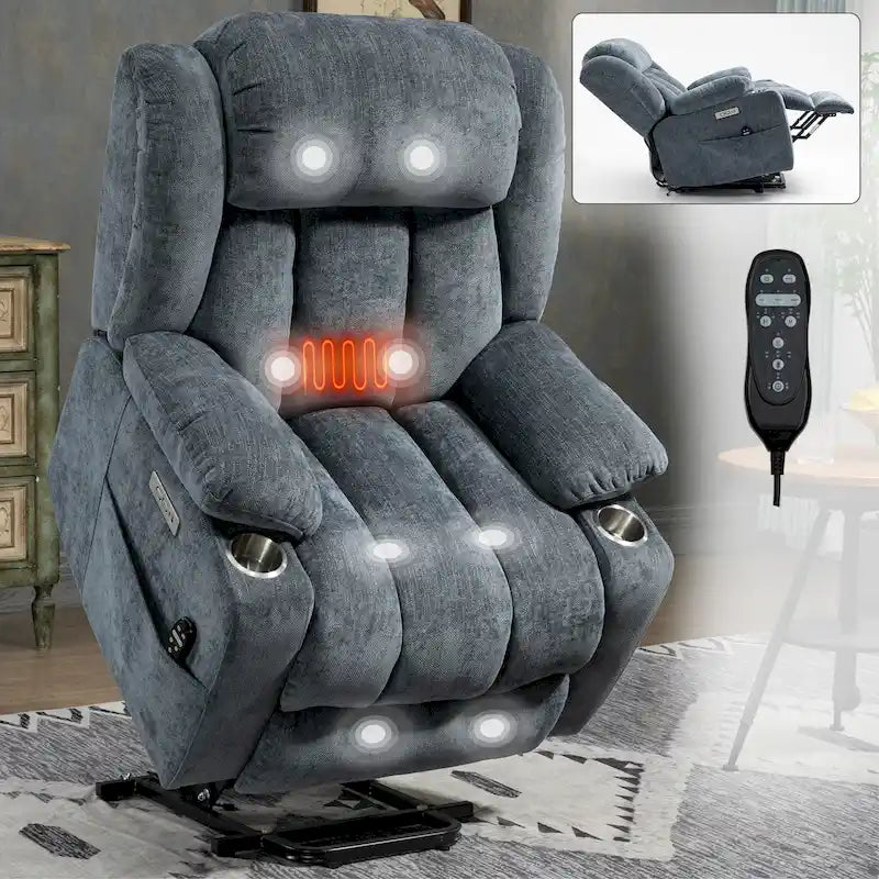 Chenille Power Lift Recliner Chair 8-Point Massage Lumbar Heat USB Cup Holders