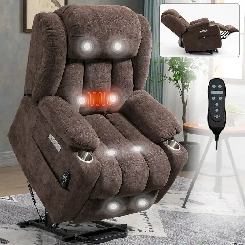 Chenille Power Lift Recliner Chair 8-Point Massage Lumbar Heat USB Cup Holders
