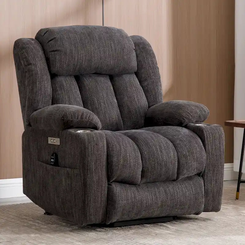 Chenille Power Lift Recliner Chair 8-Point Massage Lumbar Heat USB Cup Holders