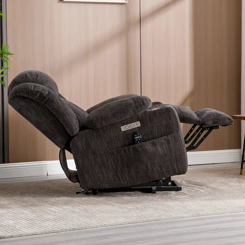 Chenille Power Lift Recliner Chair 8-Point Massage Lumbar Heat USB Cup Holders