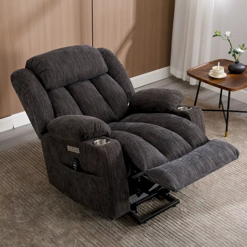 Chenille Power Lift Recliner Chair 8-Point Massage Lumbar Heat USB Cup Holders