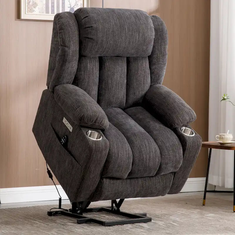 Chenille Power Lift Recliner Chair 8-Point Massage Lumbar Heat USB Cup Holders