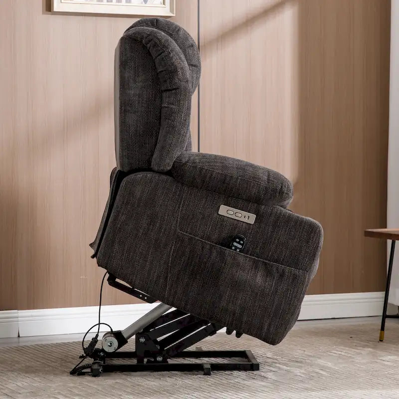 Chenille Power Lift Recliner Chair 8-Point Massage Lumbar Heat USB Cup Holders