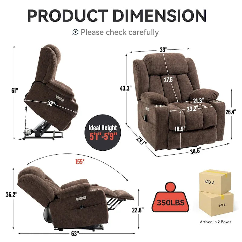 Chenille Power Lift Recliner Chair 8-Point Massage Lumbar Heat USB Cup Holders