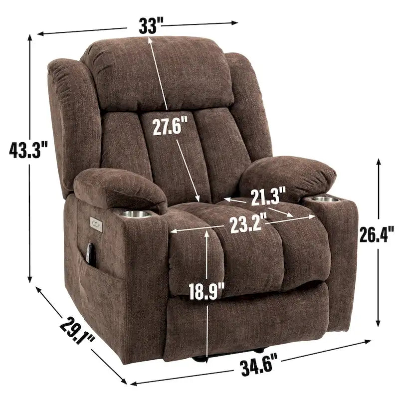 Chenille Power Lift Recliner Chair 8-Point Massage Lumbar Heat USB Cup Holders