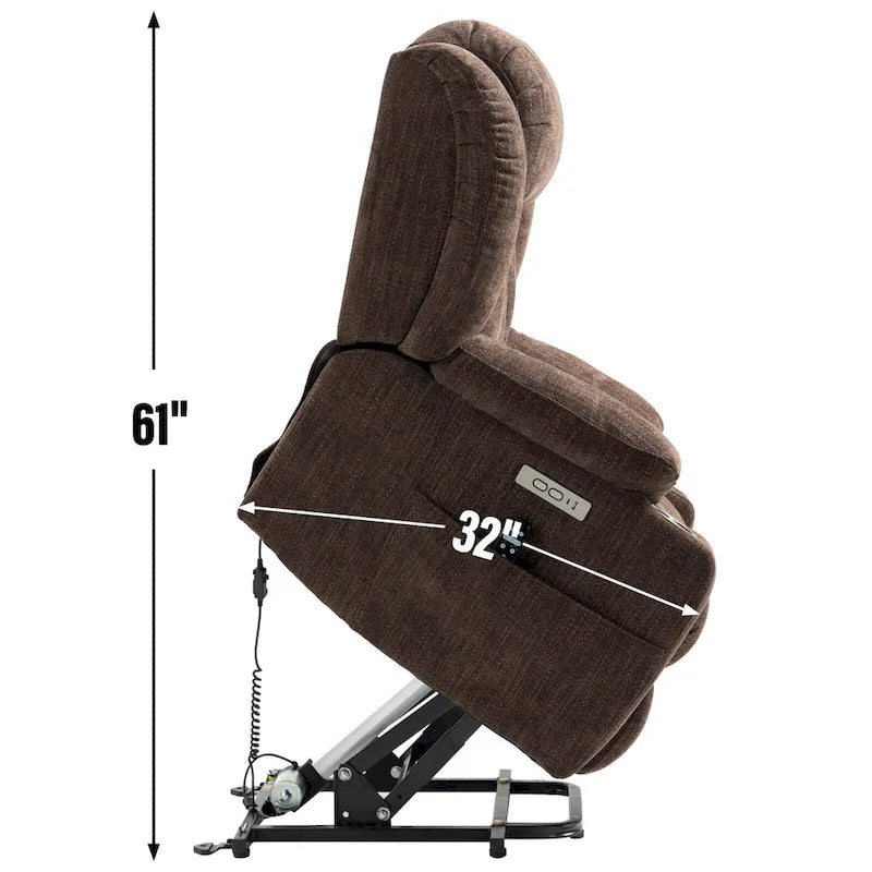 Chenille Power Lift Recliner Chair 8-Point Massage Lumbar Heat USB Cup Holders