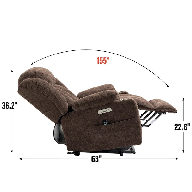 Chenille Power Lift Recliner Chair 8-Point Massage Lumbar Heat USB Cup Holders