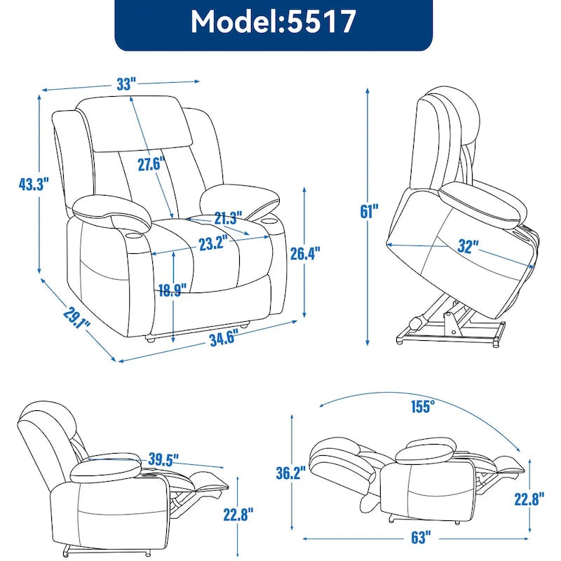 Chenille Power Lift Recliner Chair 8-Point Massage Lumbar Heat USB Cup Holders