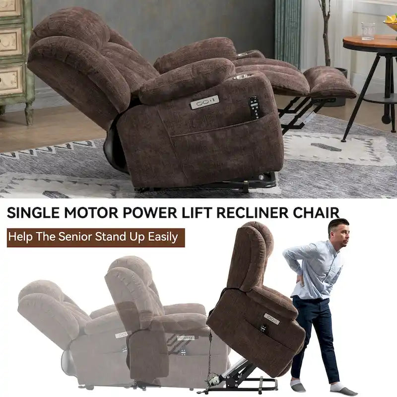 Chenille Power Lift Recliner Chair 8-Point Massage Lumbar Heat USB Cup Holders