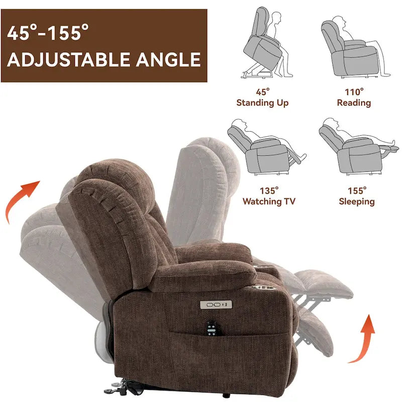 Chenille Power Lift Recliner Chair 8-Point Massage Lumbar Heat USB Cup Holders