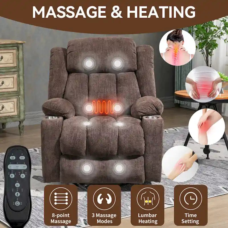 Chenille Power Lift Recliner Chair 8-Point Massage Lumbar Heat USB Cup Holders