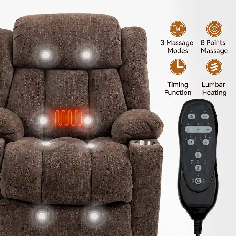 Chenille Power Lift Recliner Chair 8-Point Massage Lumbar Heat USB Cup Holders