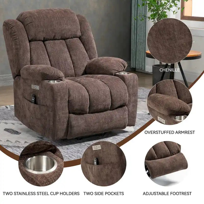 Chenille Power Lift Recliner Chair 8-Point Massage Lumbar Heat USB Cup Holders