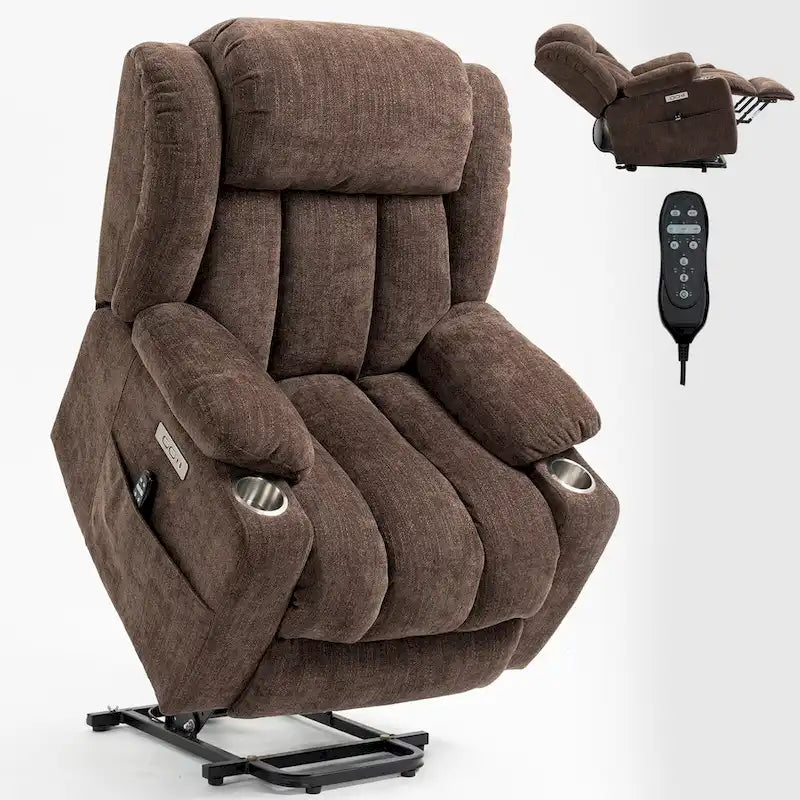 Chenille Power Lift Recliner Chair 8-Point Massage Lumbar Heat USB Cup Holders