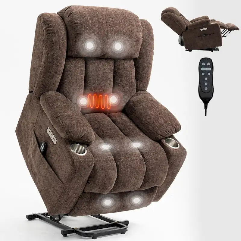 Chenille Power Lift Recliner Chair 8-Point Massage Lumbar Heat USB Cup Holders