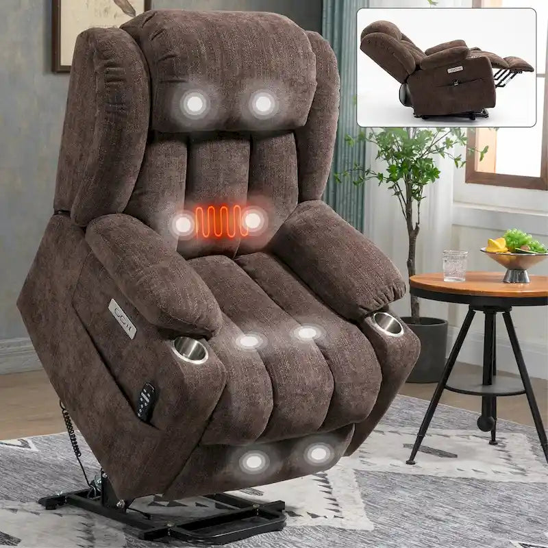 Chenille Power Lift Recliner Chair 8-Point Massage Lumbar Heat USB Cup Holders