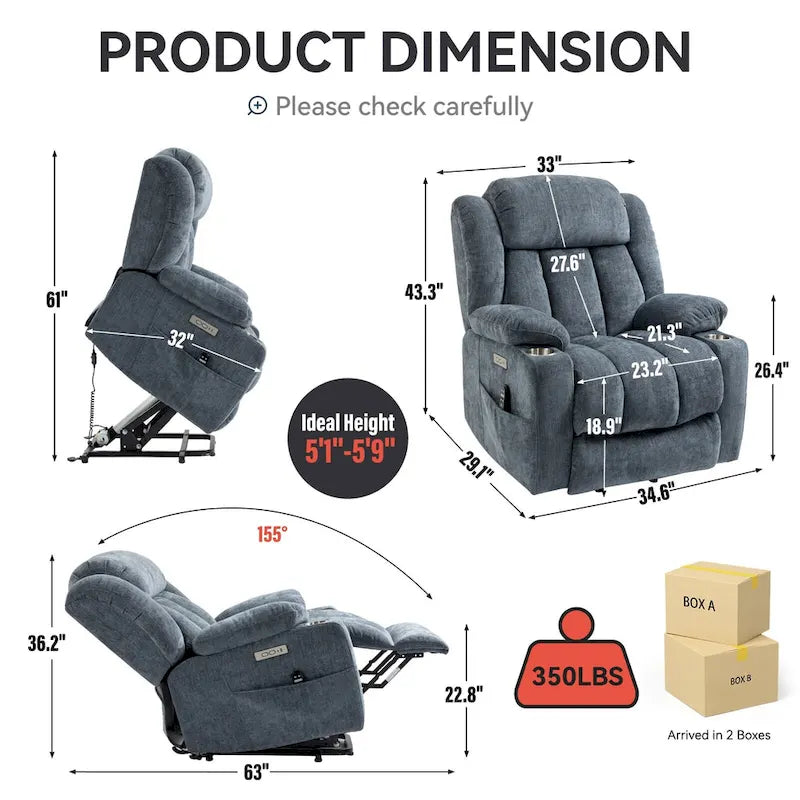 Chenille Power Lift Recliner Chair 8-Point Massage Lumbar Heat USB Cup Holders