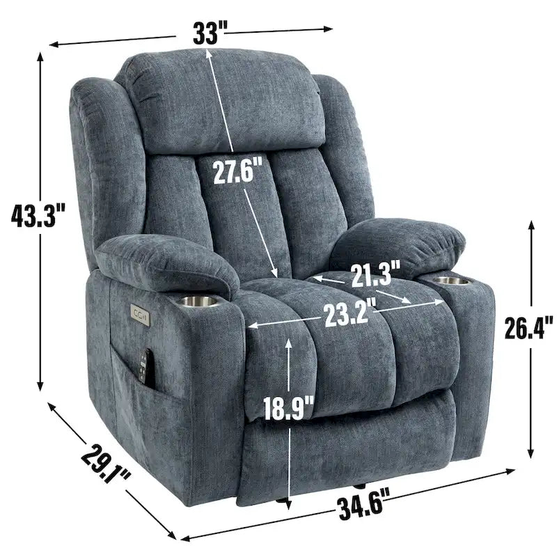 Chenille Power Lift Recliner Chair 8-Point Massage Lumbar Heat USB Cup Holders