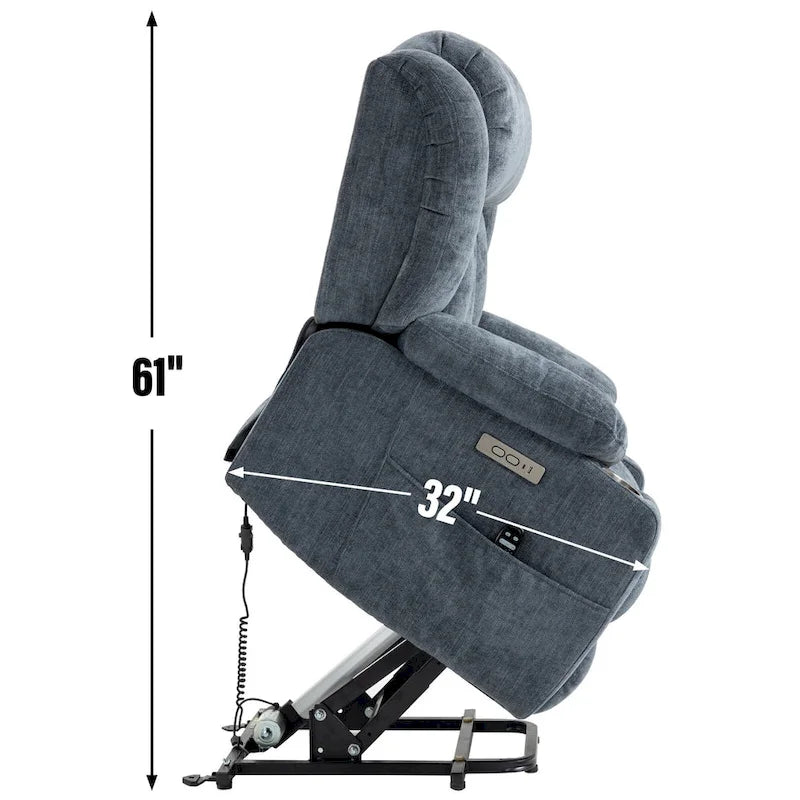 Chenille Power Lift Recliner Chair 8-Point Massage Lumbar Heat USB Cup Holders