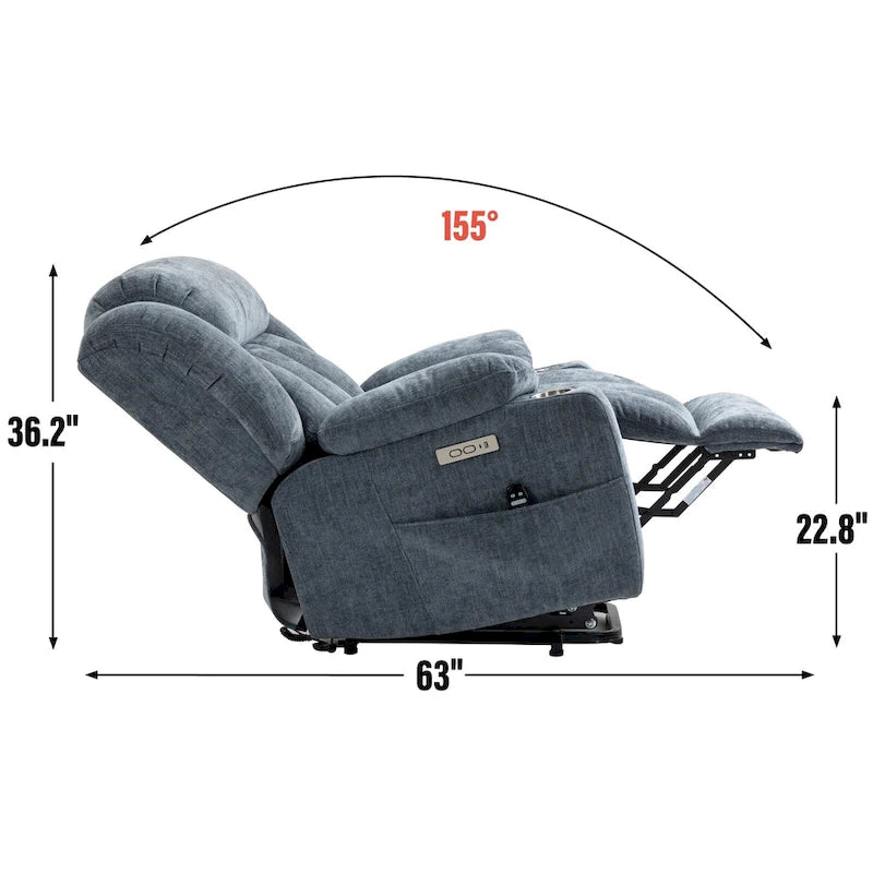 Chenille Power Lift Recliner Chair 8-Point Massage Lumbar Heat USB Cup Holders