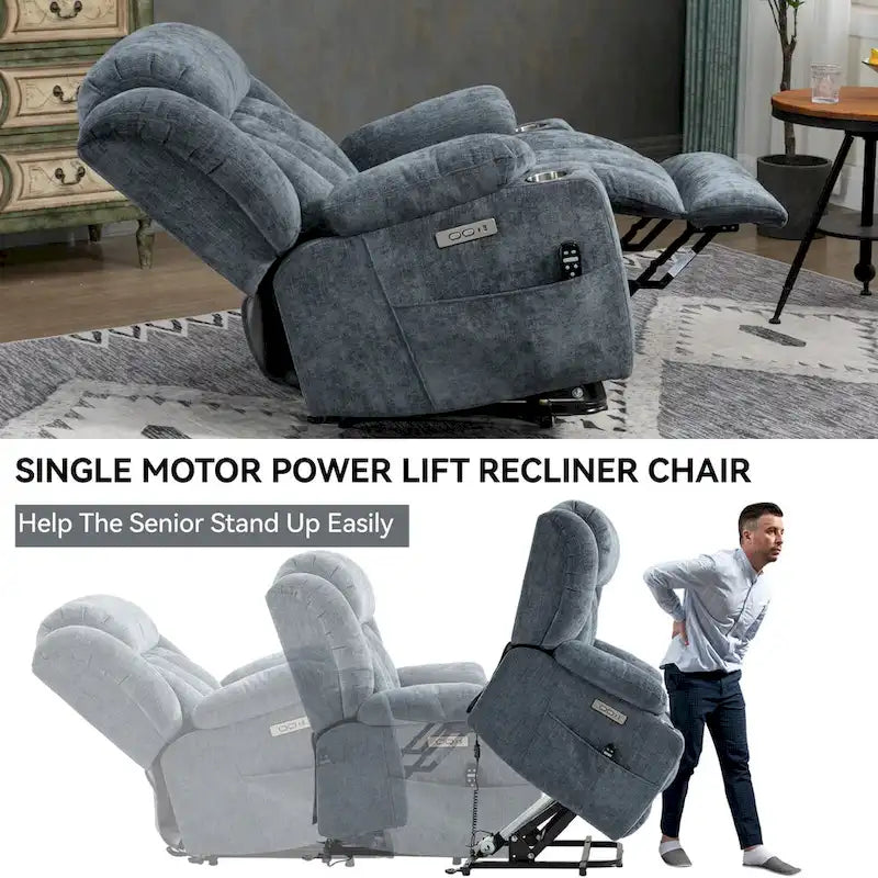 Chenille Power Lift Recliner Chair 8-Point Massage Lumbar Heat USB Cup Holders