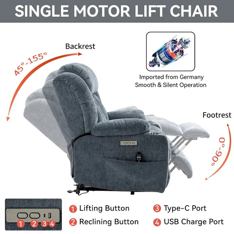 Chenille Power Lift Recliner Chair 8-Point Massage Lumbar Heat USB Cup Holders