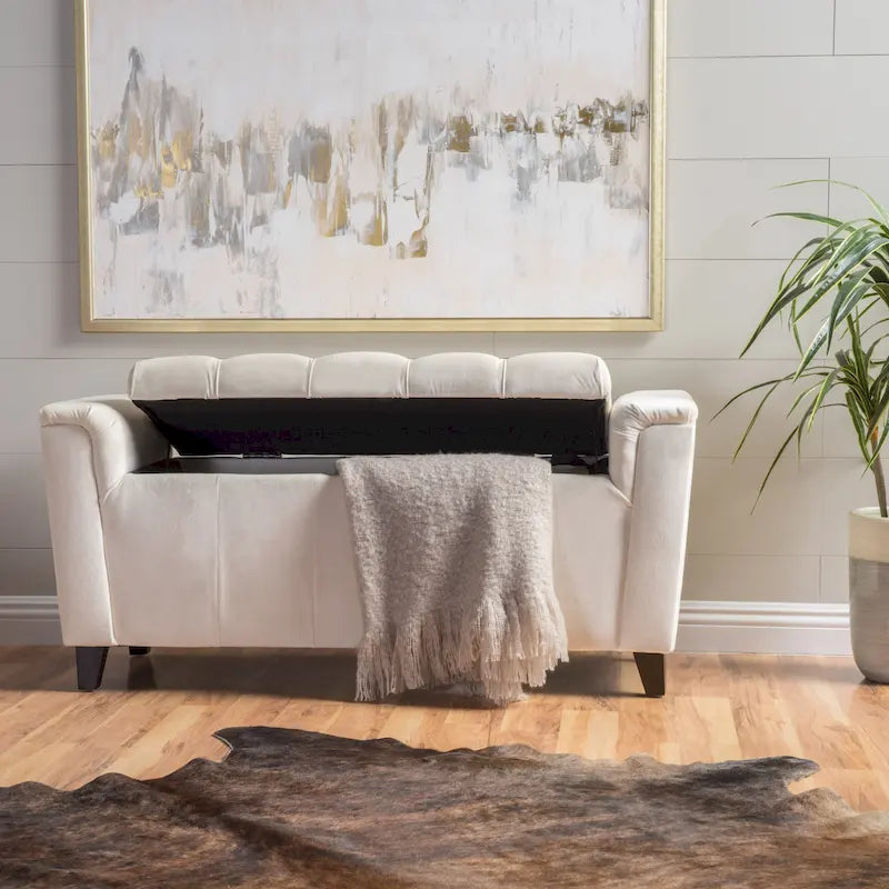 Ivory Fabric Lift-Top Storage Ottoman Bench Tufted Armrest Wood Legs