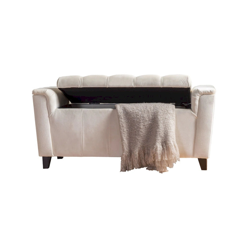 Ivory Fabric Lift-Top Storage Ottoman Bench Tufted Armrest Wood Legs