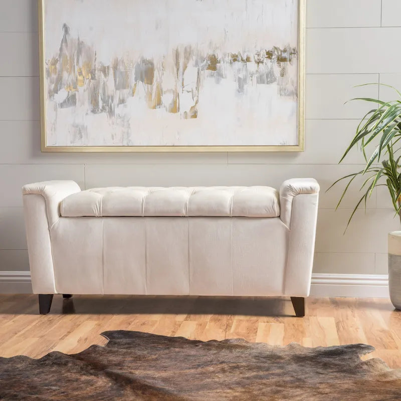 Ivory Fabric Lift-Top Storage Ottoman Bench Tufted Armrest Wood Legs
