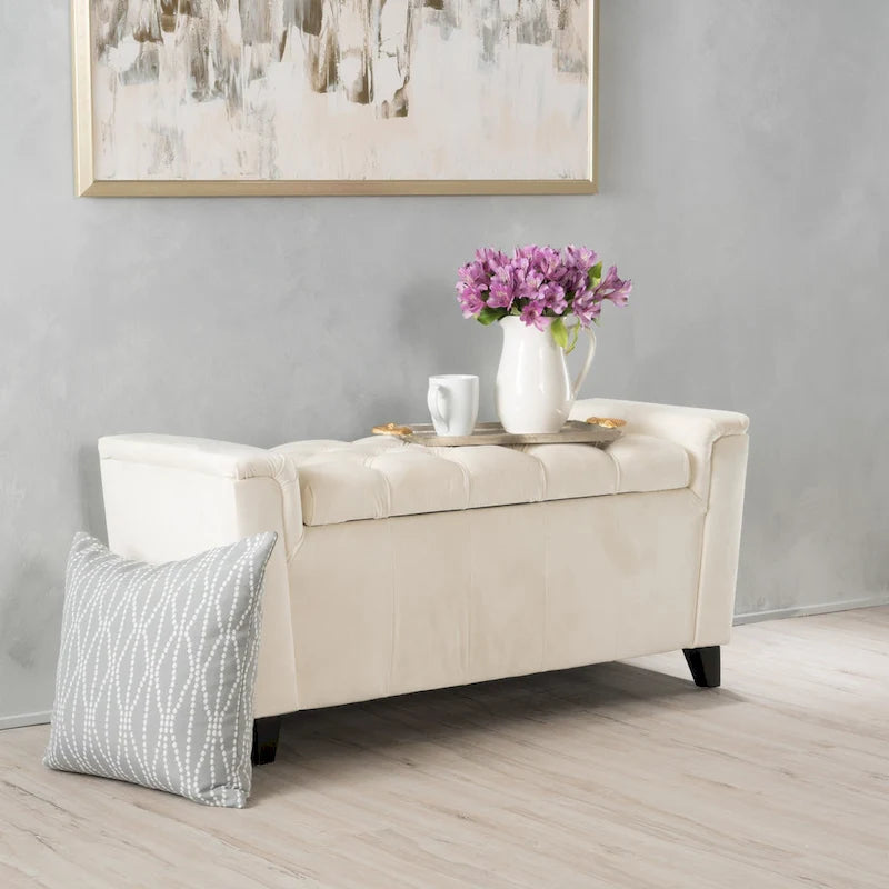 Ivory Fabric Lift-Top Storage Ottoman Bench Tufted Armrest Wood Legs