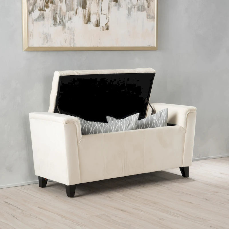 Ivory Fabric Lift-Top Storage Ottoman Bench Tufted Armrest Wood Legs