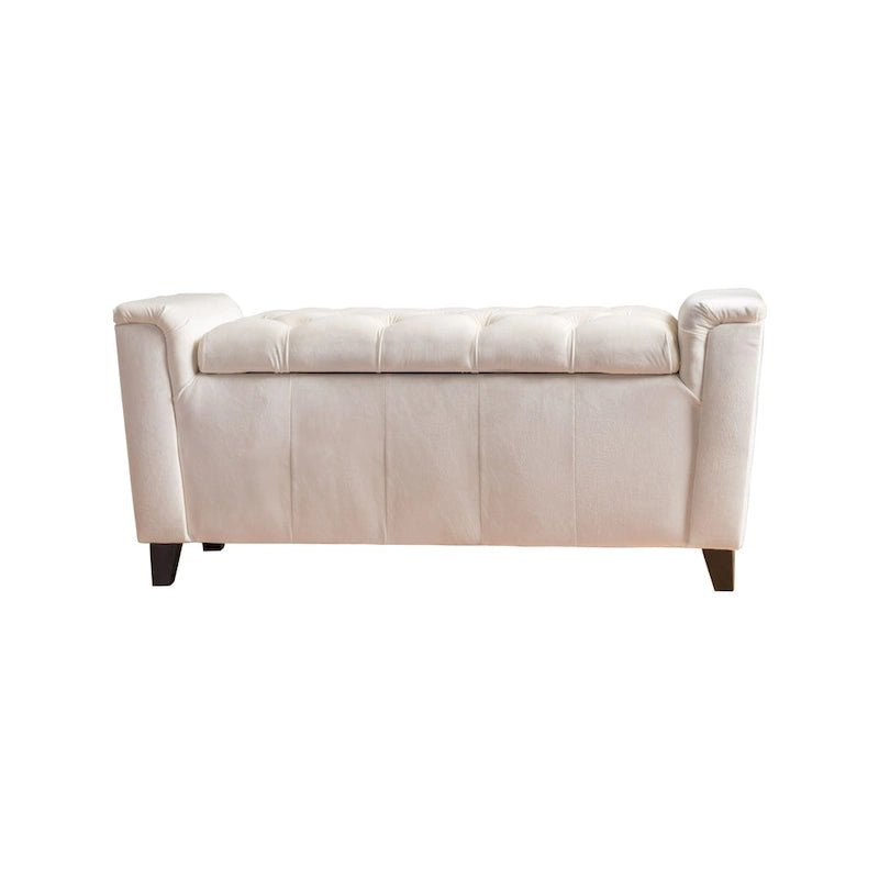 Ivory Fabric Lift-Top Storage Ottoman Bench Tufted Armrest Wood Legs