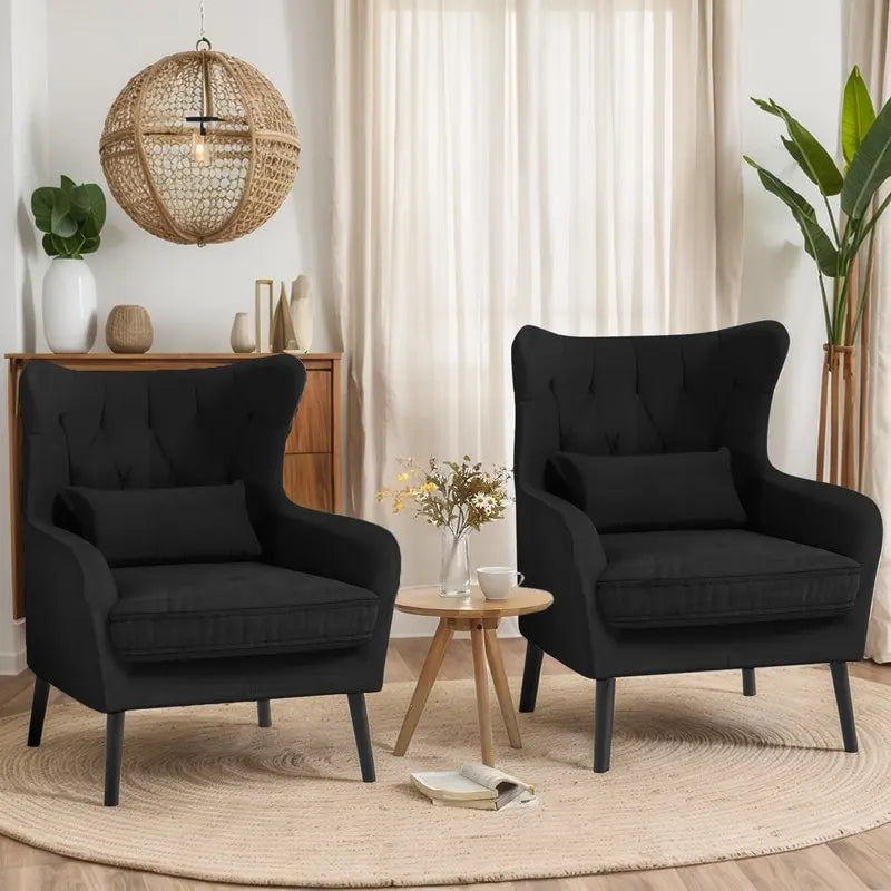 Set of 2 Velvet Wingback Accent Chairs Tufted High Back with Pillow Navy Black White Grey Pink