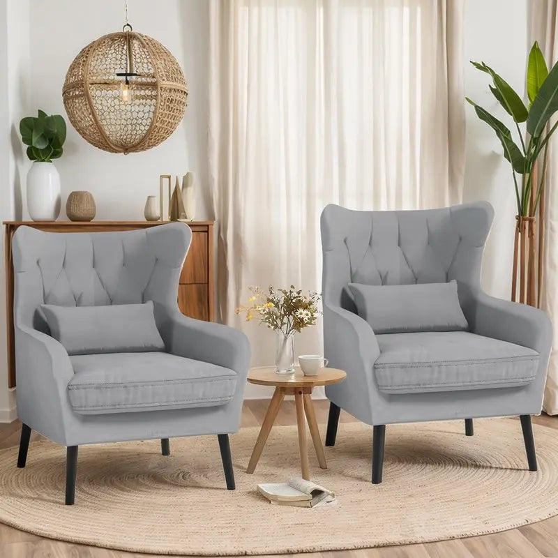 Set of 2 Velvet Wingback Accent Chairs Tufted High Back with Pillow Navy Black White Grey Pink