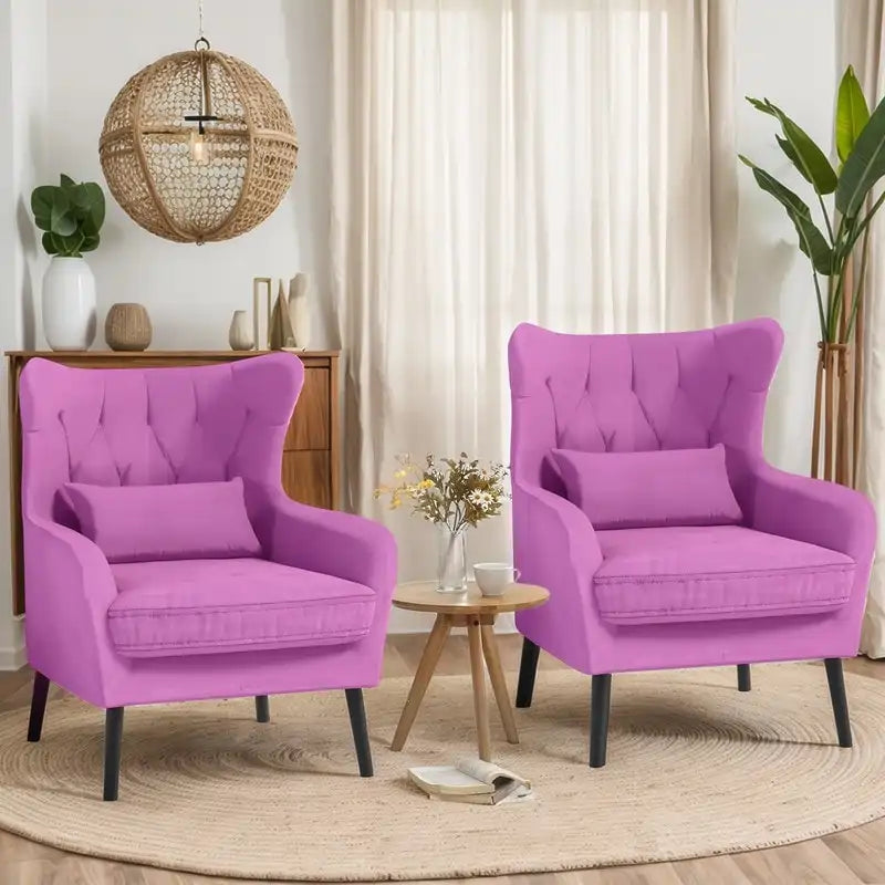 Set of 2 Velvet Wingback Accent Chairs Tufted High Back with Pillow Navy Black White Grey Pink