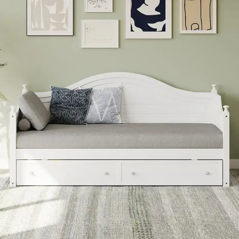 White Wood Twin Daybed with Two Storage Drawers Arched Backboard