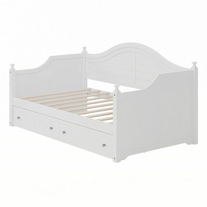 White Wood Twin Daybed with Two Storage Drawers Arched Backboard