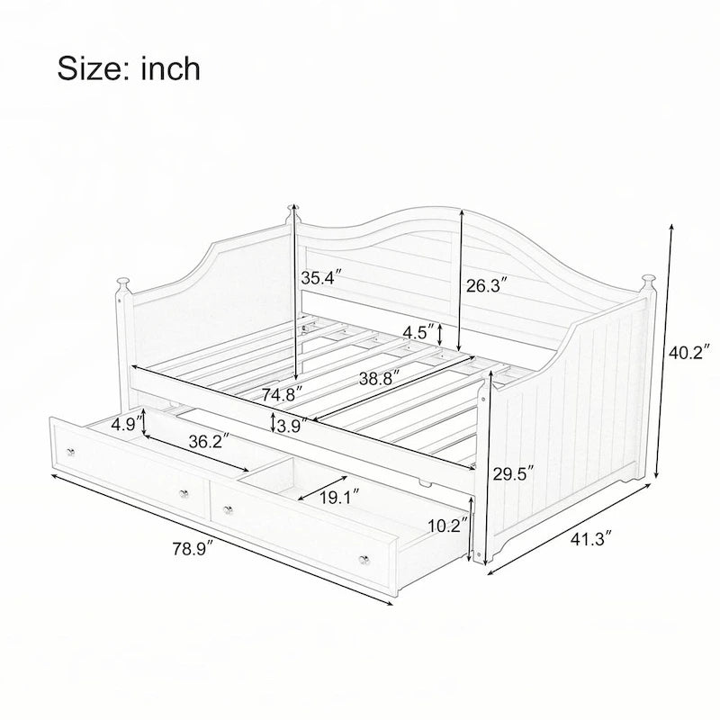 White Wood Twin Daybed with Two Storage Drawers Arched Backboard