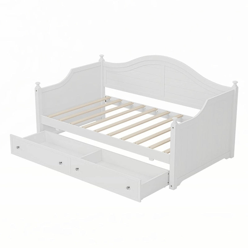 White Wood Twin Daybed with Two Storage Drawers Arched Backboard