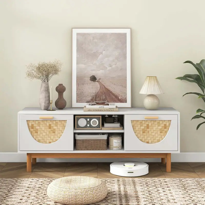 Costway TV Stand for 55-Inch TVs with 2 Drawers & Bamboo Woven Fronts - See Details
