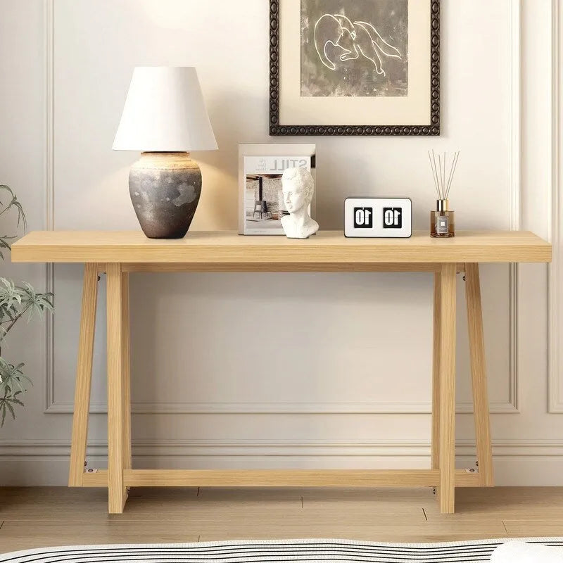 60 Inch A-Frame Console Table Entryway Hall Table Natural Grey Wood