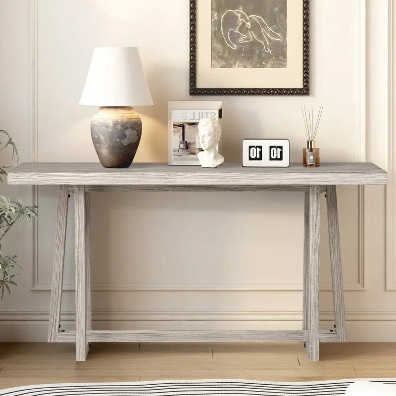 60 Inch A-Frame Console Table Entryway Hall Table Natural Grey Wood