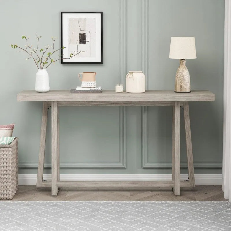 60 Inch A-Frame Console Table Entryway Hall Table Natural Grey Wood
