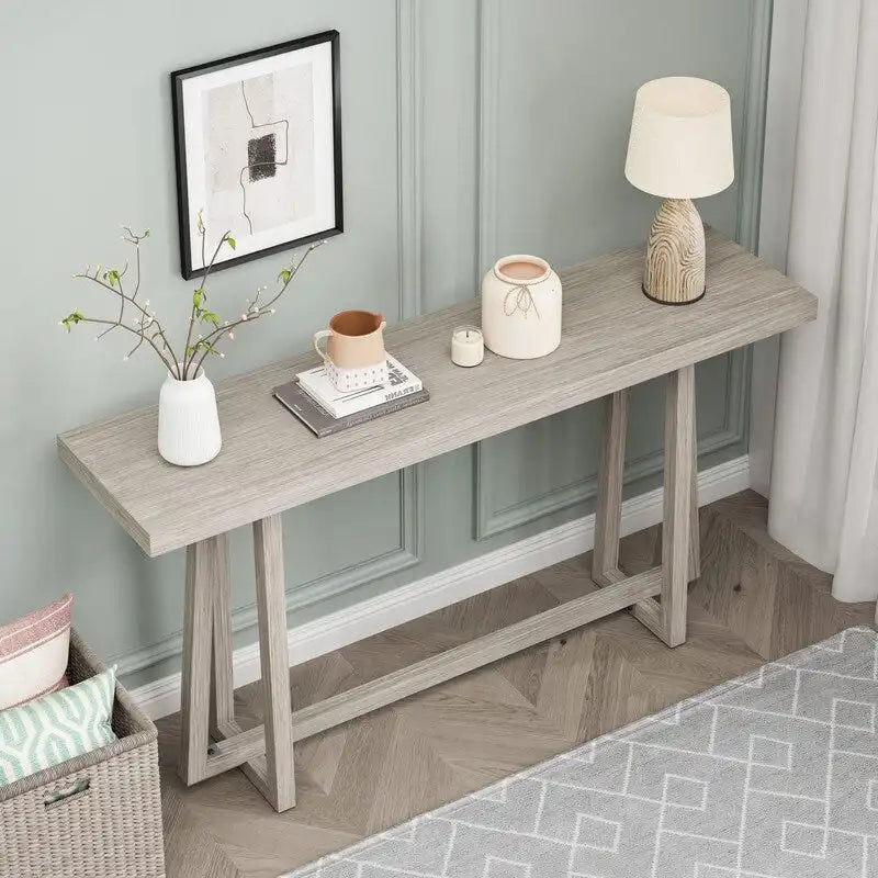 60 Inch A-Frame Console Table Entryway Hall Table Natural Grey Wood