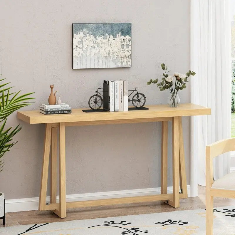 60 Inch A-Frame Console Table Entryway Hall Table Natural Grey Wood