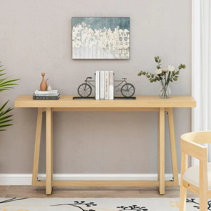 60 Inch A-Frame Console Table Entryway Hall Table Natural Grey Wood