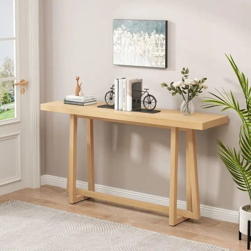 60 Inch A-Frame Console Table Entryway Hall Table Natural Grey Wood
