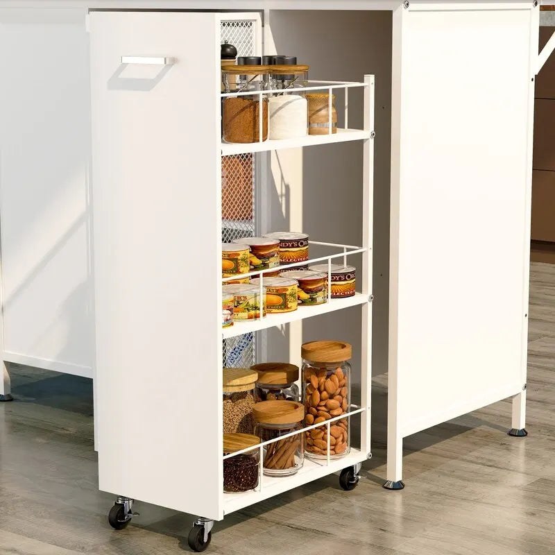 Portable Rolling Kitchen Island Cart with Folding Top Storage Cabinet Hooks White