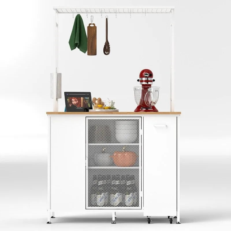 Portable Rolling Kitchen Island Cart with Folding Top Storage Cabinet Hooks White